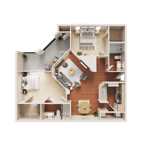 Floor plan for 2 beds, 2 baths, 1126 sqft